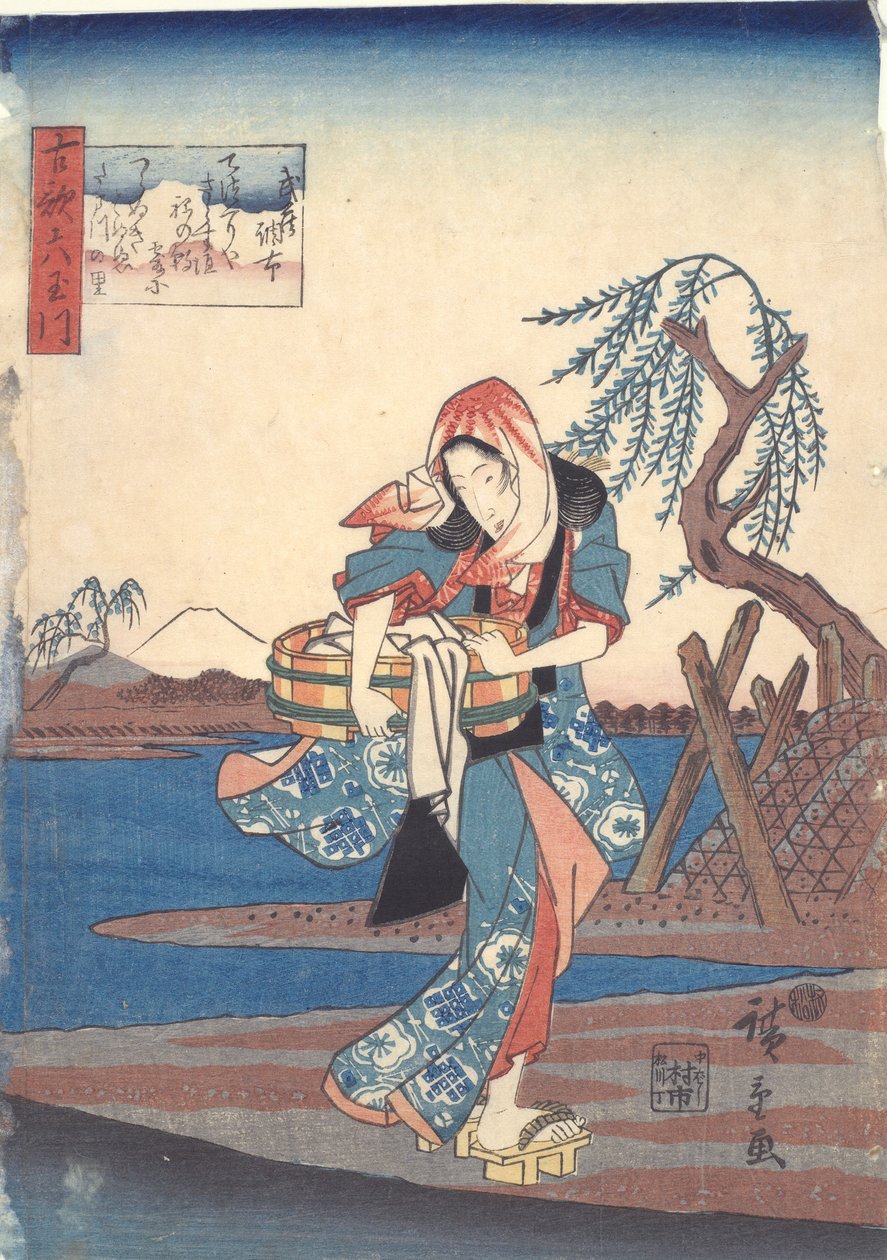 Ruhamosó nő a Chofu folyónál: Hat Tama folyó alkotó: Utagawa Hiroshige