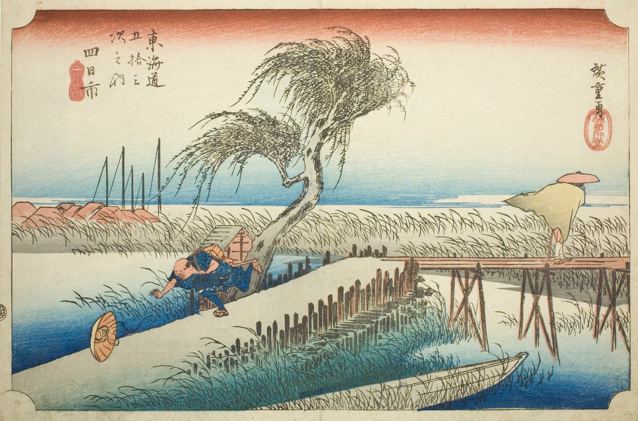 Yokkaichi: Mie River (Yokkaichi, Miegawa), a "Tokaido ötvenhárom állomása (Tokaido gojusan tsugi no uchi)" sorozatból, más néven Hoeido Tokaido alkotó: Utagawa Hiroshige
