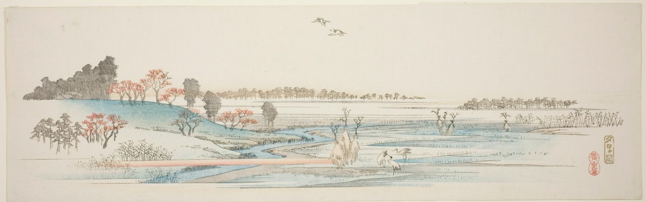 Yuhigaoka, egy cím nélküli sorozatból, amely Edo külvárosának híres kilátásait mutatja be alkotó: Utagawa Hiroshige