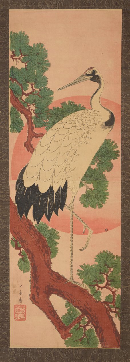 Kranich auf einem Kiefernzweig vor der Sonnenscheibe alkotó: Utagawa Hiroshige