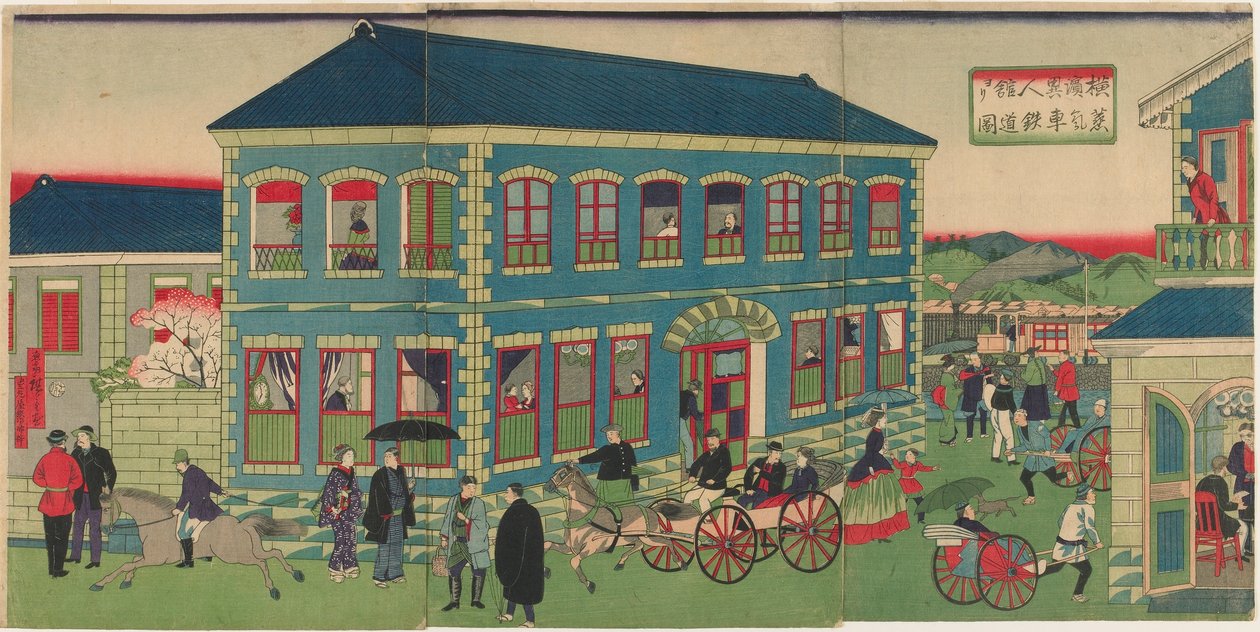 A gőzvonat képe Yokohama külföldi létesítményeiből, Meiji korszakból alkotó: Utagawa Hiroshige III