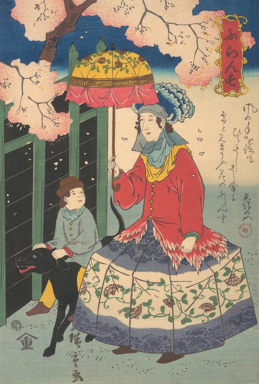 Francia nő, gyermeke és házikutya, 10. hónap, 1860. alkotó: Utagawa Hiroshige II