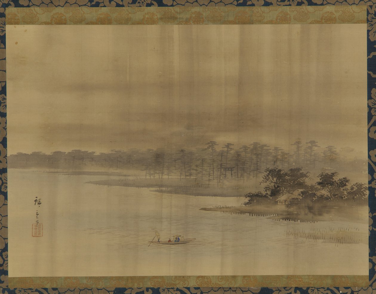 Folyói táj és templom az esőben, Edo-korszak, 19. század. alkotó: Utagawa Hiroshige II