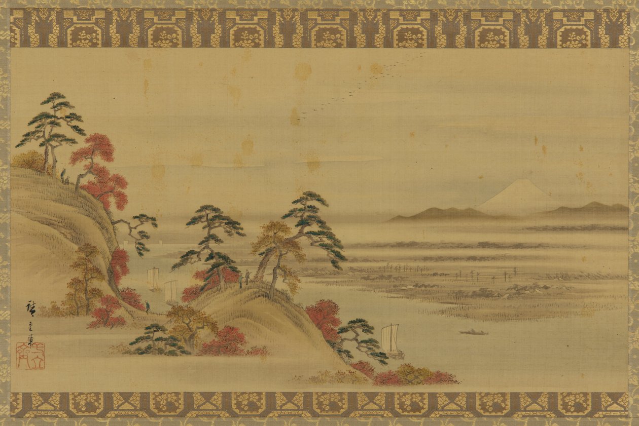 Folyói táj: vörös lombozat és a Fuji-hegy, Edo-korszak, 19. század közepe. alkotó: Utagawa Hiroshige II