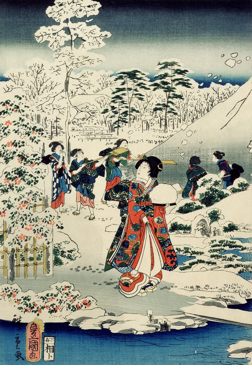 Cselédek a hófödte kertben alkotó: Utagawa and Hiroshige II Utagawa Kunisada