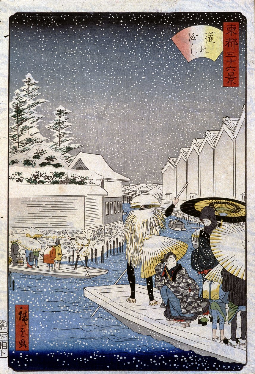 Hajók a hó alatt, Japán - Hiroshige print alkotó: Utagawa II Hiroshige