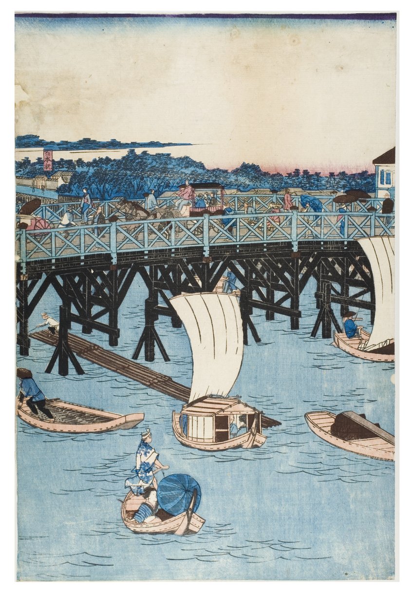 Híres helyek Tokióban, valódi kilátás a Ryogoku-hídra alkotó: Utagawa II Hiroshige