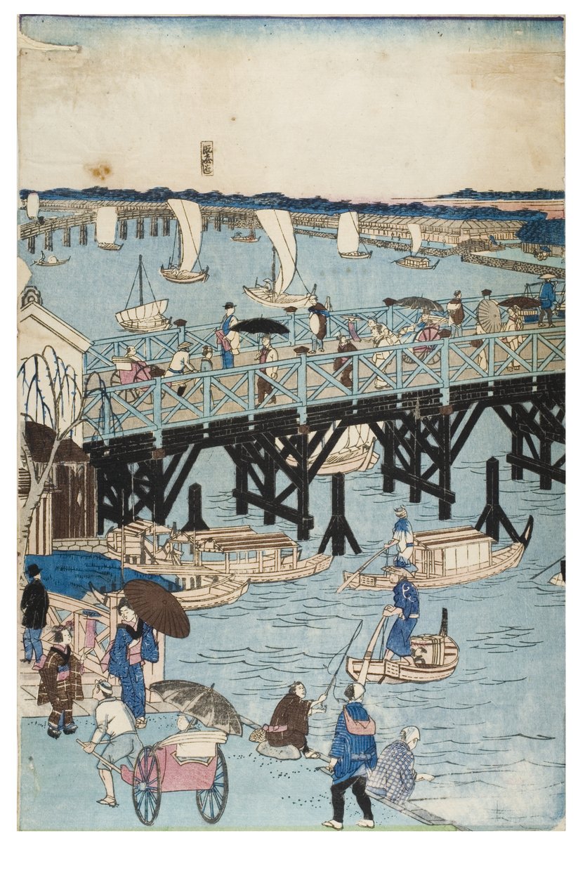 Híres helyek Tokióban, valódi kilátás a Ryogoku-hídra alkotó: Utagawa II Hiroshige