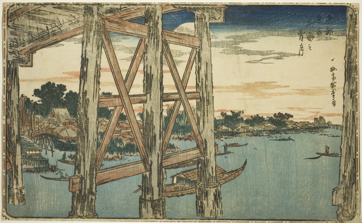 Alkonyat Hold a Ryogoku-hídnál (Ryogoku no yoizuki), 1831 körül (színes fatömbnyomat; oban) alkotó: Utagawa I Hiroshige