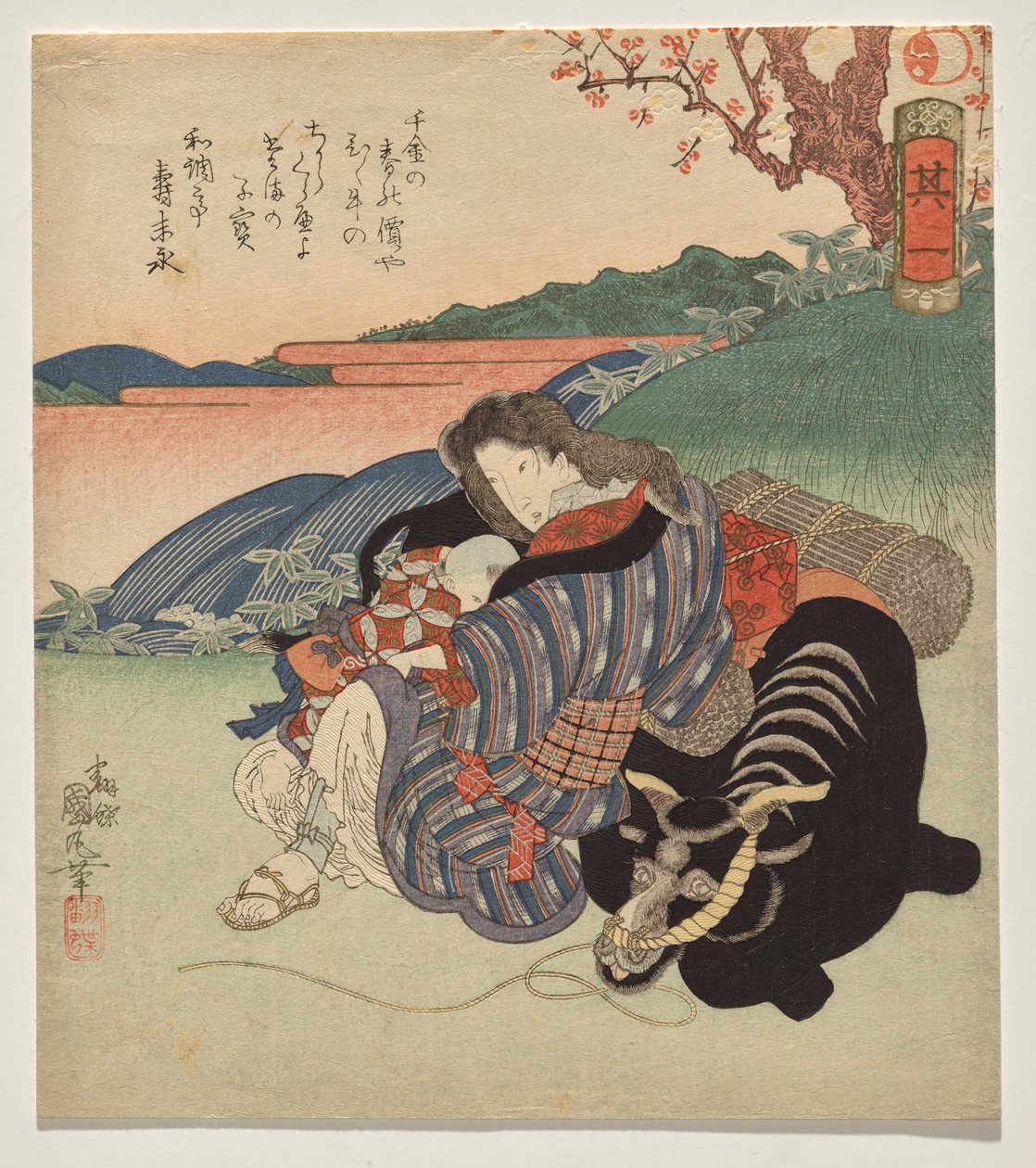Egy nő és egy fiú egy ökörrel szemben pihen alkotó: Utagawa Kunimaru