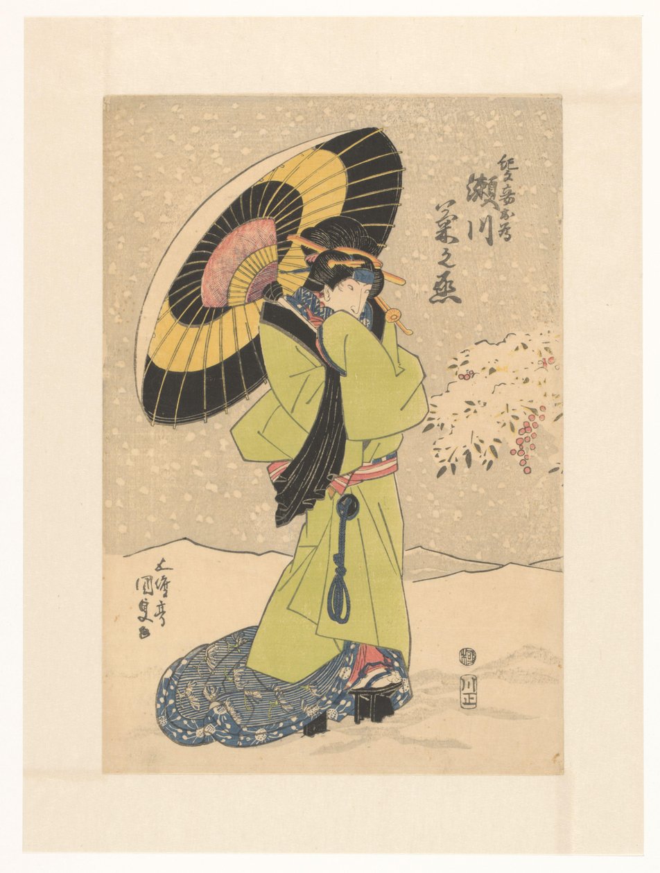 Ágyas Mekame a hóban esernyővel alkotó: Utagawa Kunisada (I)