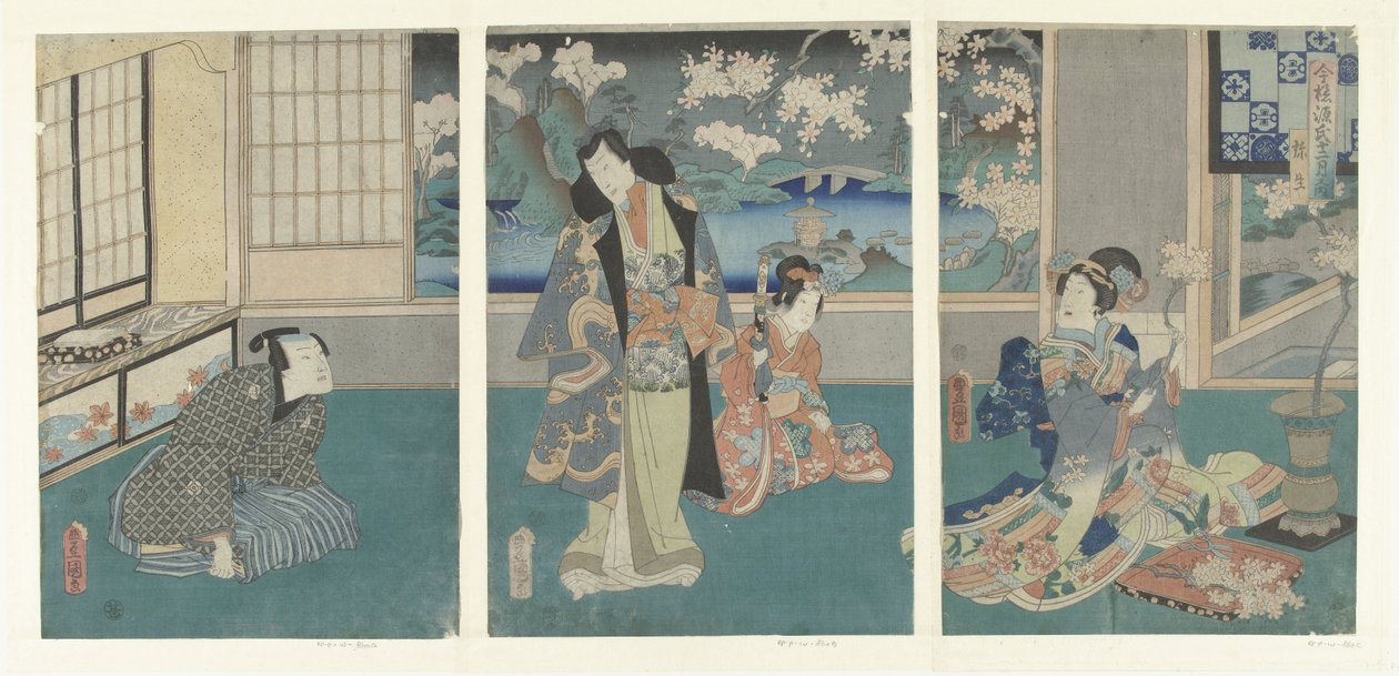 A harmadik hónap Yayoi (cím az objektumon) Modern Genji-történetek a tizenkét hónap alatt (sorozat címe) Imayo Genji junikagetsu no uchi (sorozat címe az objektumon) alkotó: Utagawa Kunisada (I)