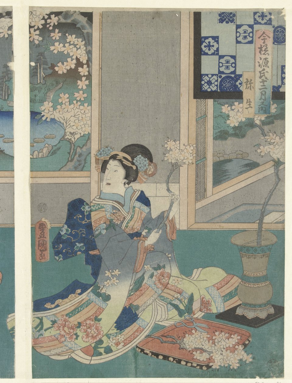 A harmadik hónap Yayoi (cím az objektumon) Modern Genji-történetek a tizenkét hónap alatt (sorozat címe) Imayo Genji junikagetsu no uchi (sorozat címe az objektumon) alkotó: Utagawa Kunisada (I)