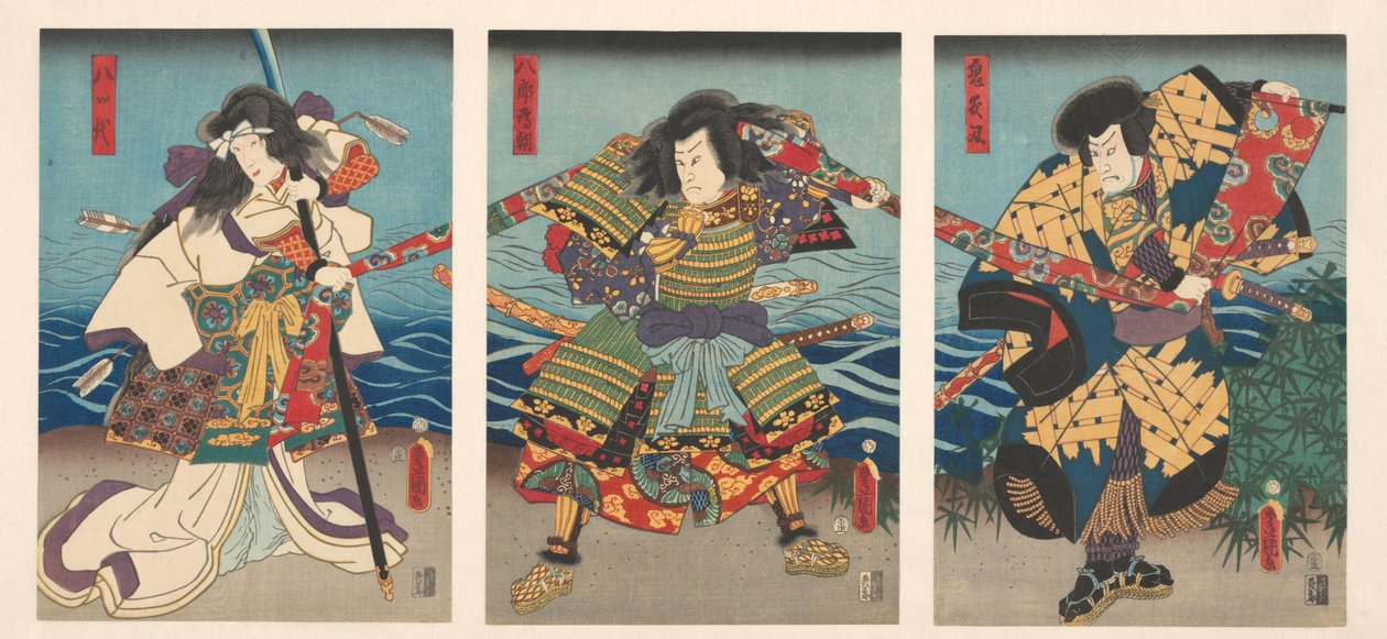 Három kabuki színész piros zászlót húz alkotó: Utagawa Kunisada (I)