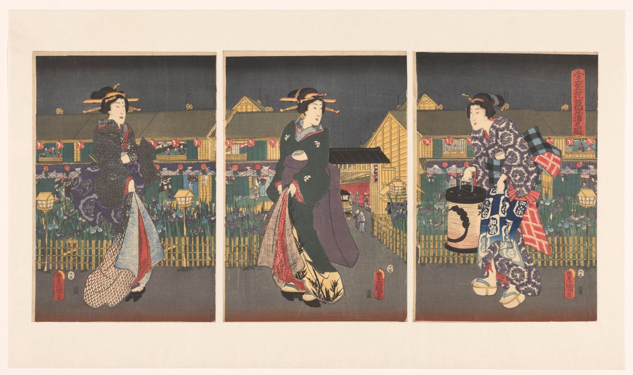 Bejövő vonal tagja Az aranyvirágos könyvklub rajza (vérhang obje CT) alkotó: Utagawa Kunisada (I)