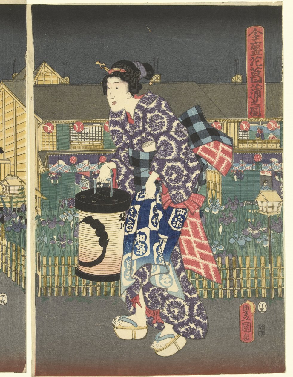 Bejövő vonal tagja Az aranyvirágos könyvklub rajza (vérhang obje CT) alkotó: Utagawa Kunisada (I)