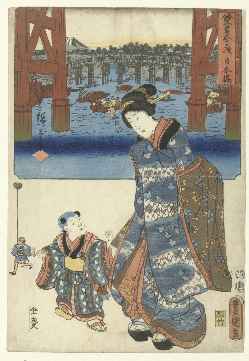 Nihonbashi (cím az objektumon) De 53 stations door twee penselen (sorozat címe) Sohitsu gojusan tsugi (sorozat címe az objektumon) alkotó: Utagawa Kunisada (I)