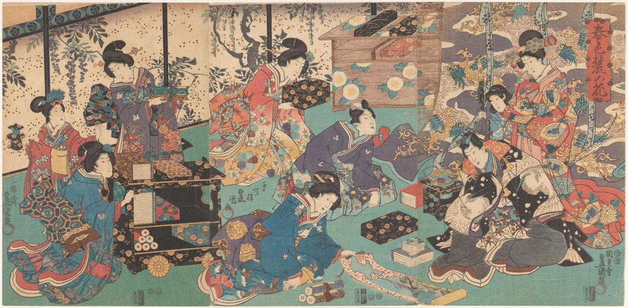 Könyvek és tekercsek bemutatása alkotó: Utagawa Kunisada (I)