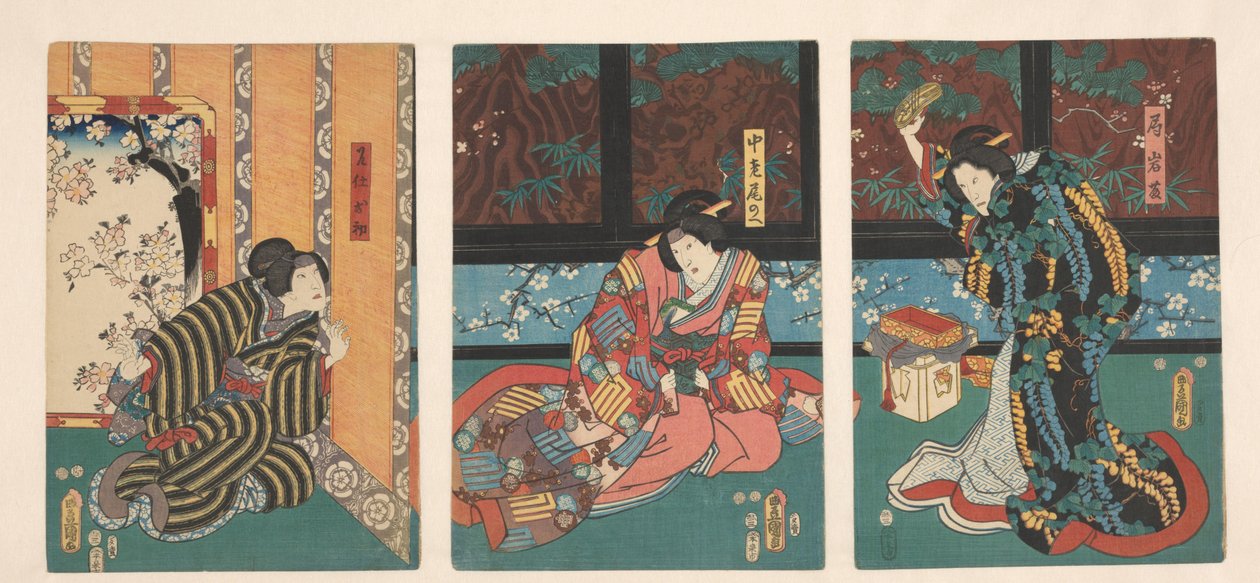 Jelenet a Tükörhegy című darabból Ohatsu kémek veszekednek a várakozó hölgyek között alkotó: Utagawa Kunisada (I)