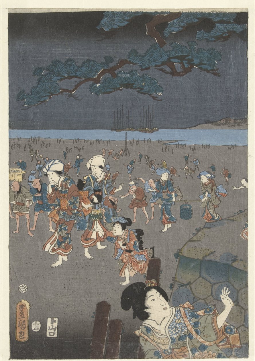 Kagylók gyűjtése az Akashi strandon Akashi no ura shiogari no zu alkotó: Utagawa Kunisada (I)