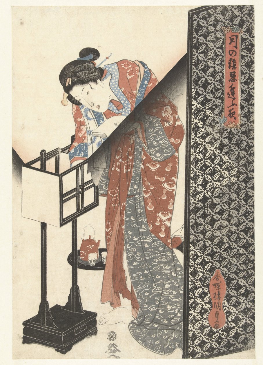 Nő a lámpánál Titkos éjszakai randevúk – Moonlight (sorozat címe) Tsuki no kage shinobiau yoru (sorozat címe a tárgyon) alkotó: Utagawa Kunisada (I)