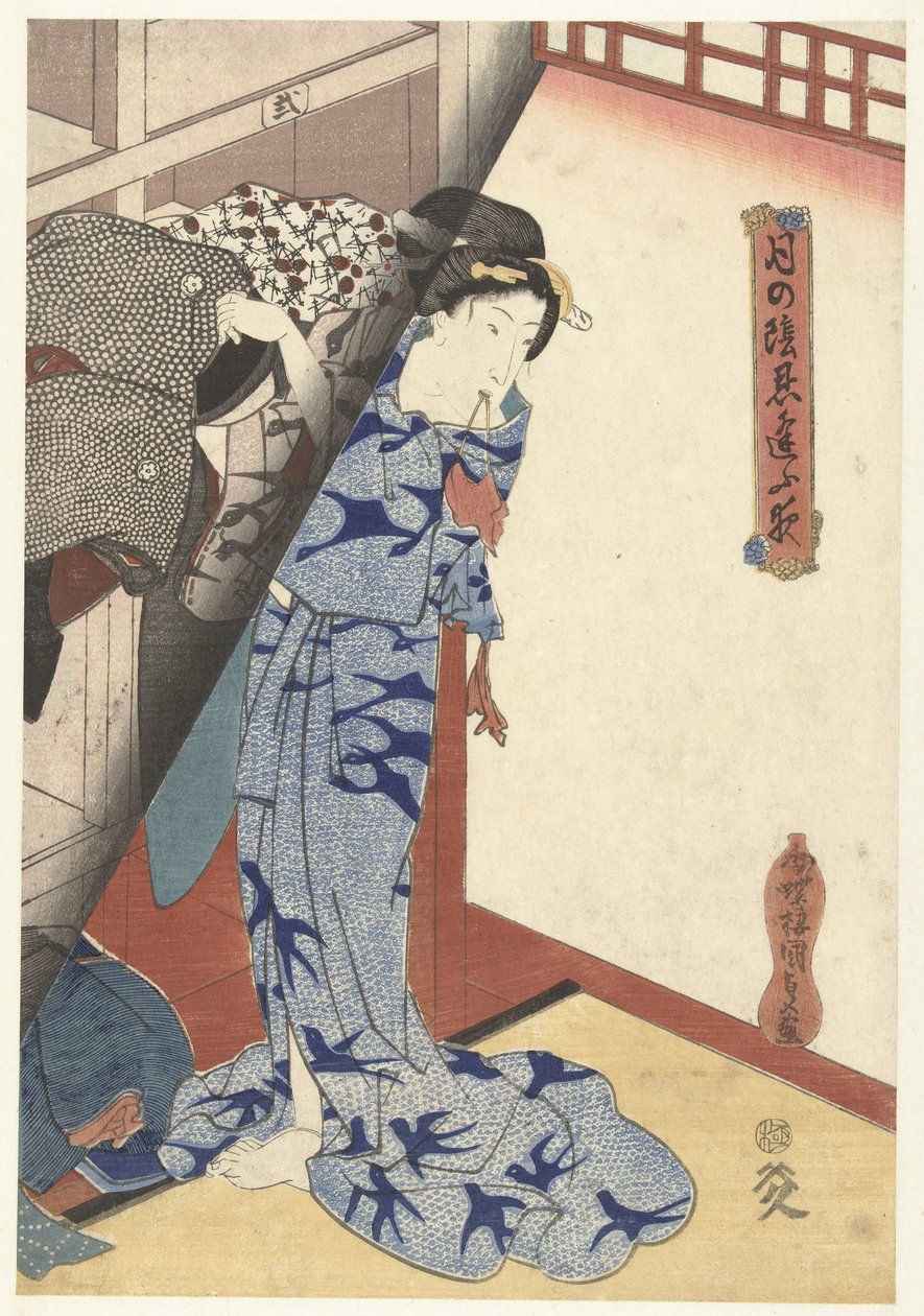 Nő elrak egy kimonót Titkos éjszakai randevúk – Moonlight (sorozat címe) Tsuki no kage shinobiau yoru (sorozat címe a tárgyon) alkotó: Utagawa Kunisada (I)