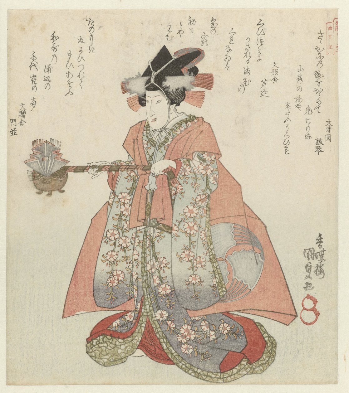Nő egy szaké vízforralóval A Katsushika Poetry Society négy hűséges vazallusa Katsushika Shitennô (sorozat címe) alkotó: Utagawa Kunisada (I)