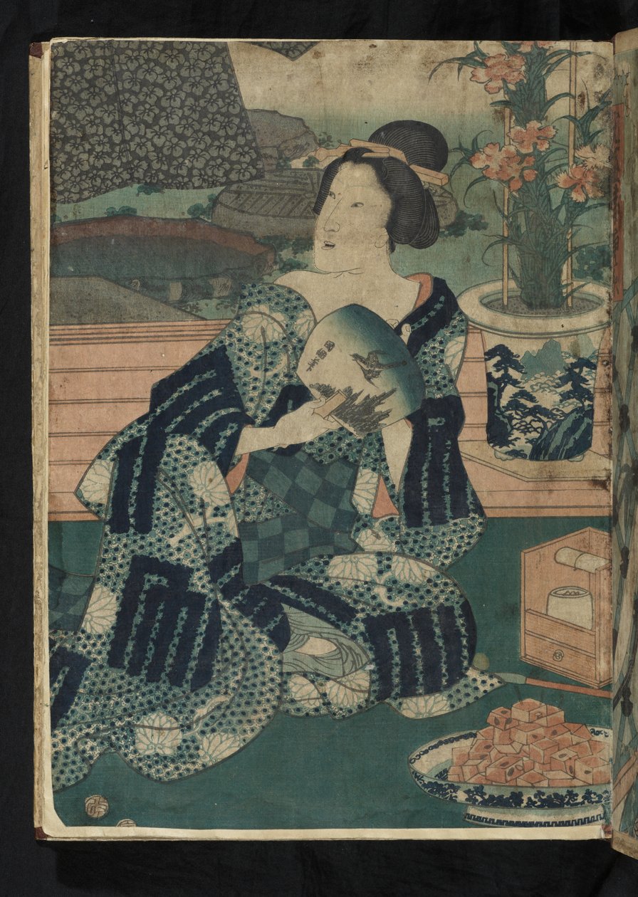 Avant et après – ülő japán nő, aki legyezgeti magát a „A hatodik hónap: Ruha nyári levegőzése” című filmből alkotó: Utagawa Kunisada