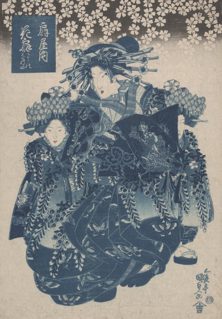 „Hanaogi of the Ogiya, Kamuro Yoshino és Tatsuta” egy sor kurtizánból kékkel nyomtatva alkotó: Utagawa Kunisada
