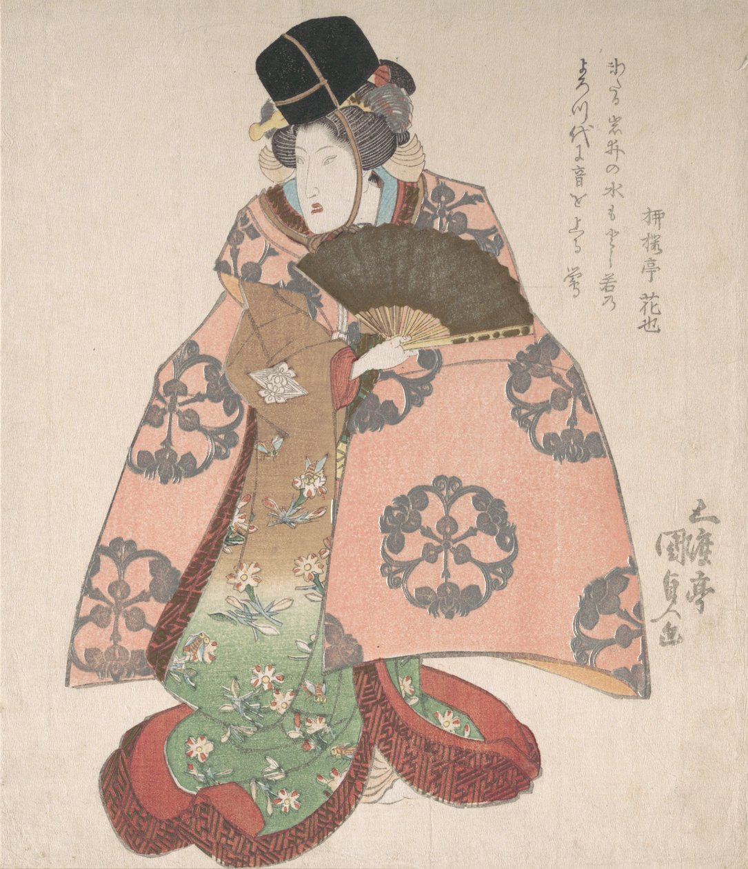 Kabuki színész női szerepben, legyezővel állva, 19. század., 19. század. alkotó: Utagawa Kunisada