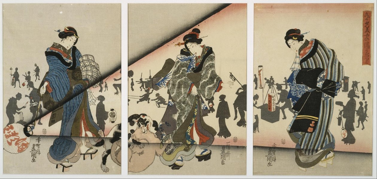 Éjszakai jelenet lányokkal, állatokkal és lámpásokkal alkotó: Utagawa Kunisada