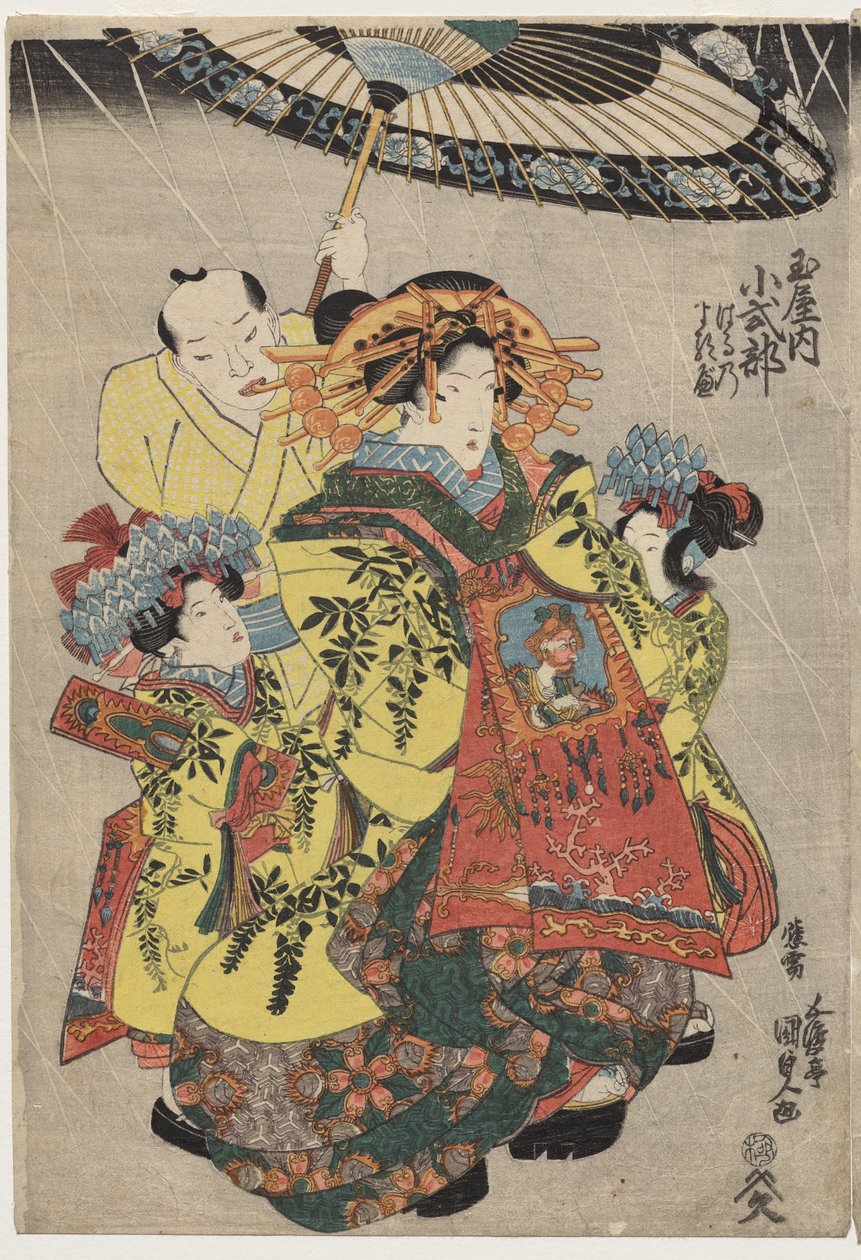 Hanmurski és Koshikibu kurtizánok, a Tamai Promending in the Rainben alkotó: Utagawa Kunisada
