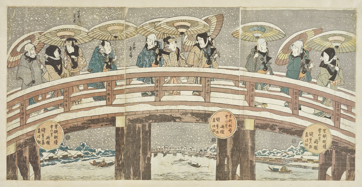 Téli jelenet, amelyben egy szerencsét hozó színészfelvonulás látható alkotó: Utagawa Kunisada