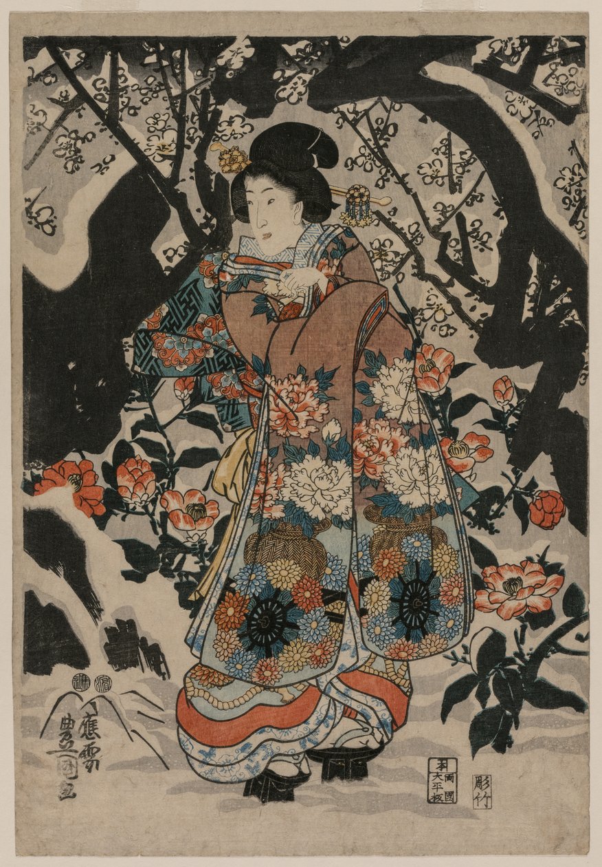 Szilvafa mellett álló nő, c. 1850. alkotó: Utagawa Kunisada