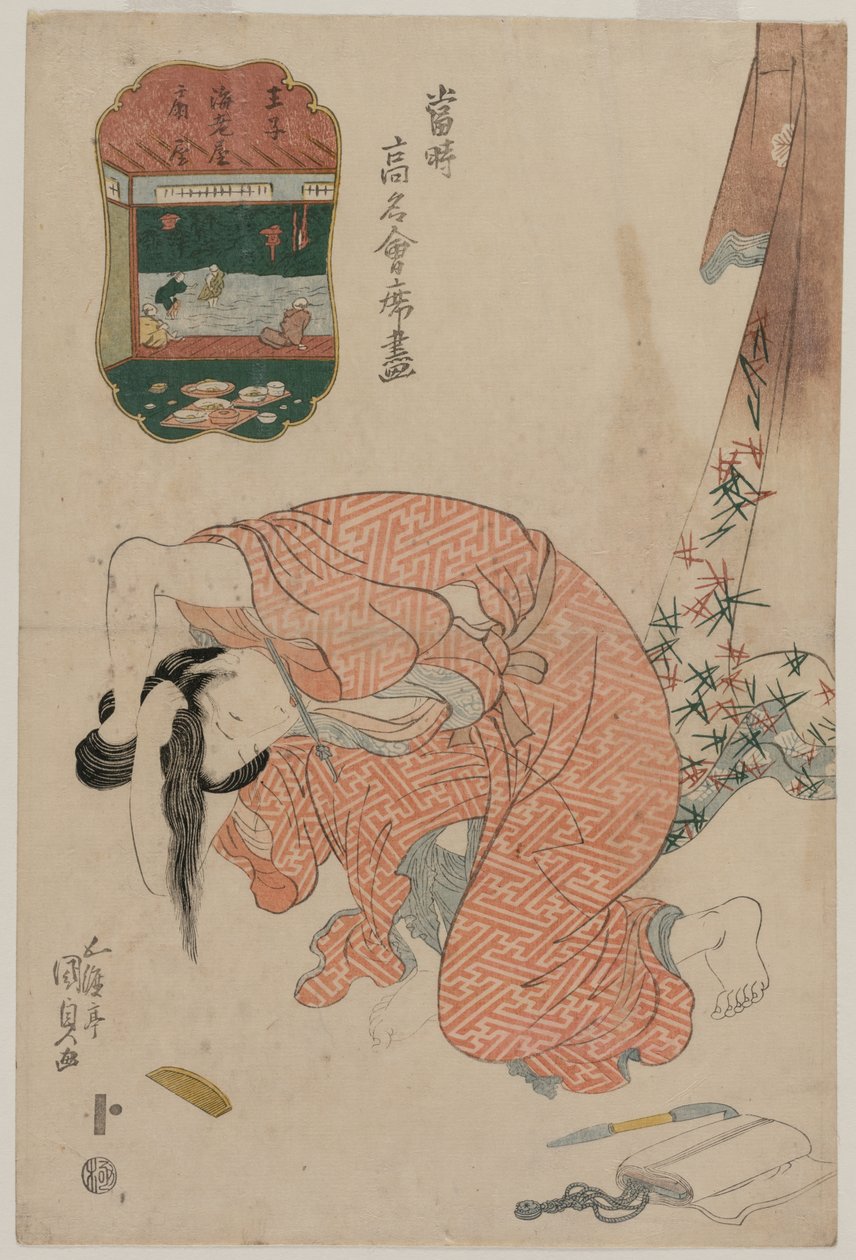 Haját megkötő nő (a „Napjaink híres éttermei” című sorozatból) alkotó: Utagawa Kunisada