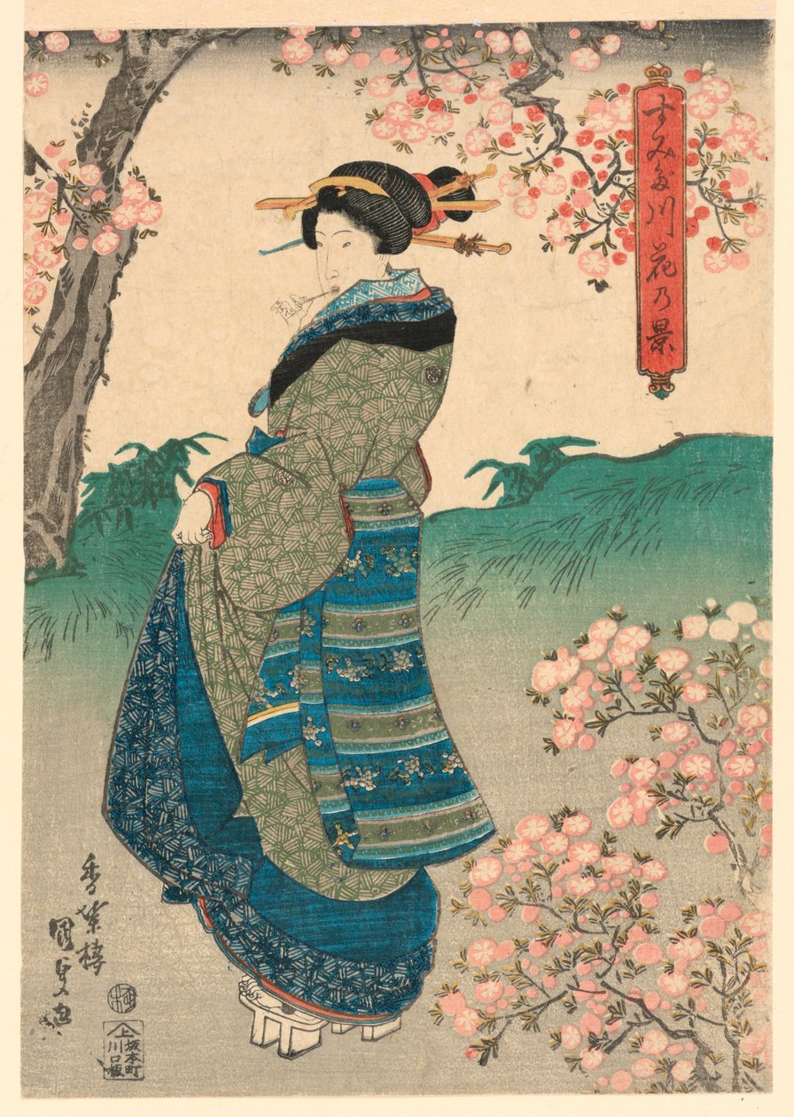 Cseresznyevirágokat nézegető nő a Sumida folyó partján (Sumidagawa hana no kei) alkotó: Utagawa Kunisada