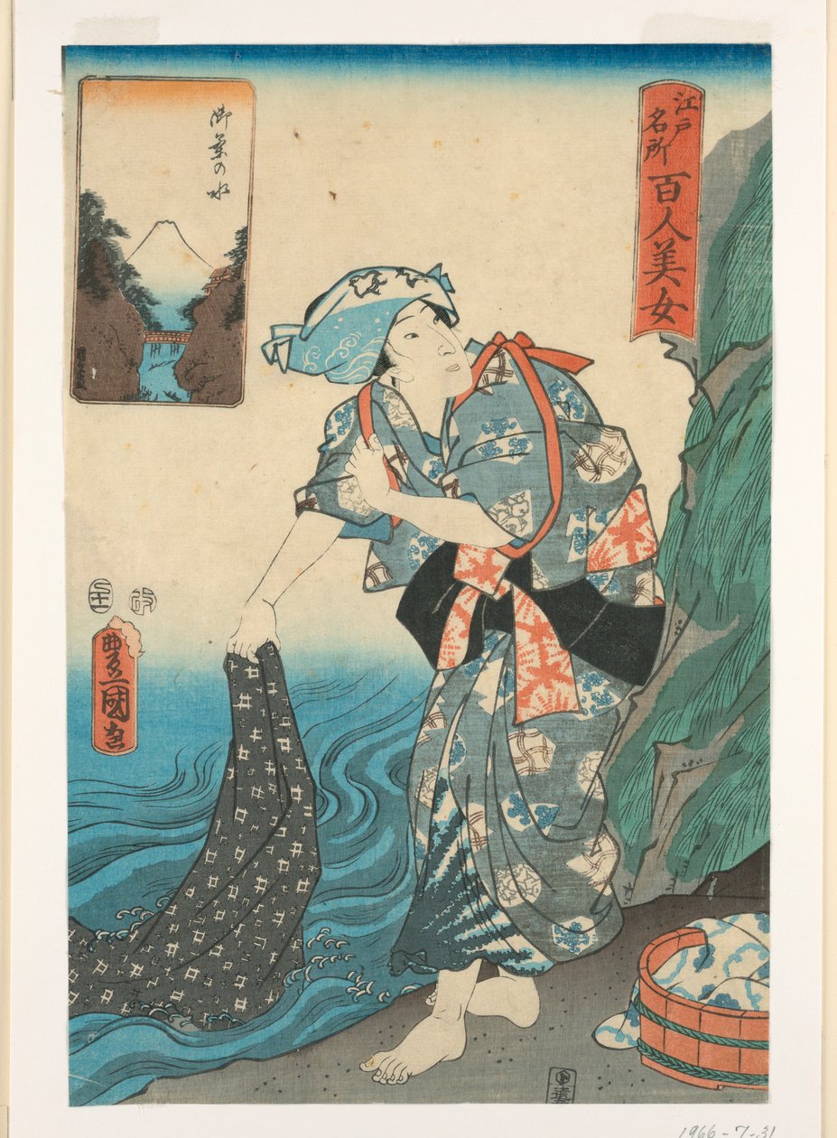 Nő mosás szövet egy patak alkotó: Utagawa Kunisada