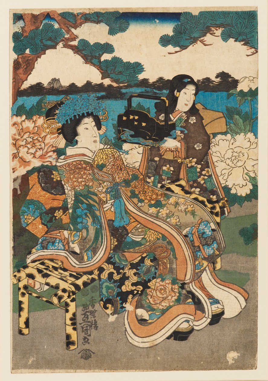 Fahasábnyomat - Kurtzán és szobalány, 1786-1865 alkotó: Utagawa Kunisada