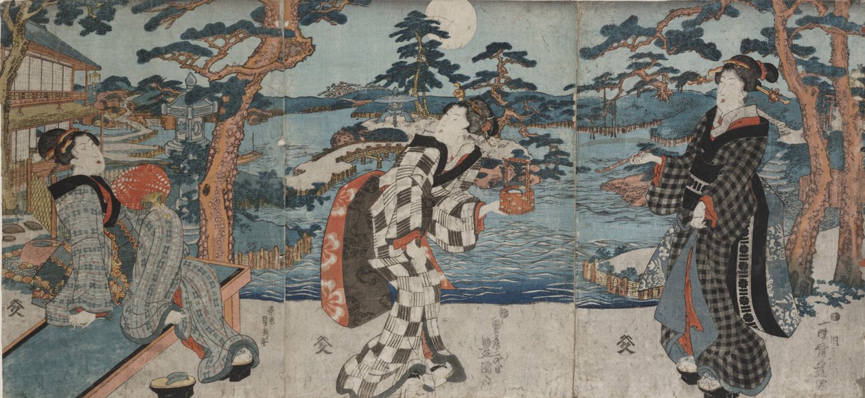 Szabadidő eltöltése egy étteremben, mielőtt vásárlókat fogadnánk, 19. század eleje-közepe (színes fametszet (triptichon)) alkotó: Utagawa Kunisada III