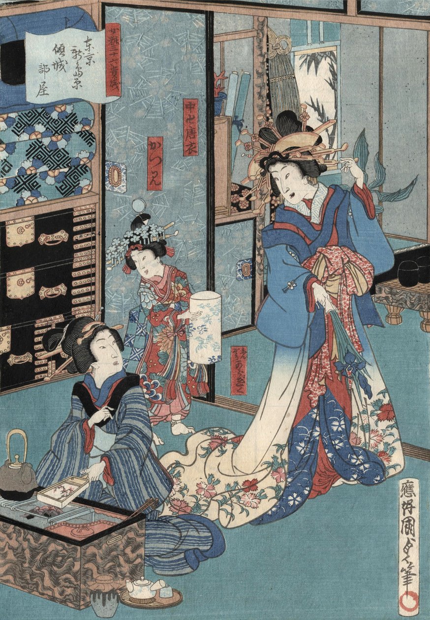 Ukiyo-e Gésa nyomat Hibachival, II. Kunisada, 1860 körül (színes fatömbnyomat) alkotó: Utagawa Kunisada II