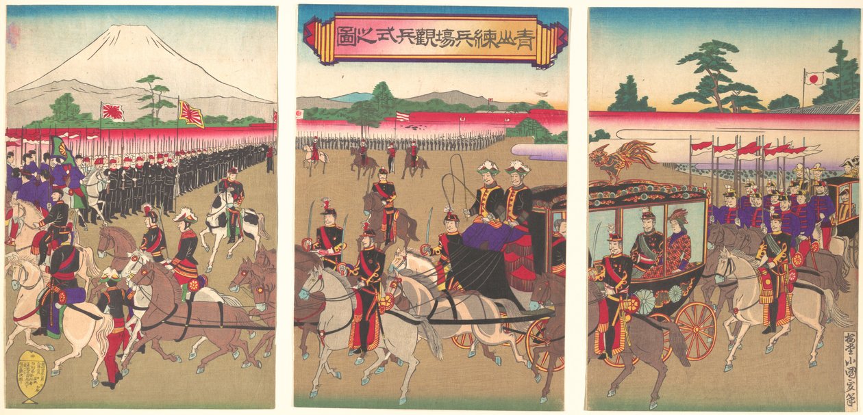 Katonai szemle parádé Aoyamában, 1889. február 22., 1889. február 22. Meiji. alkotó: Utagawa Kunisada II
