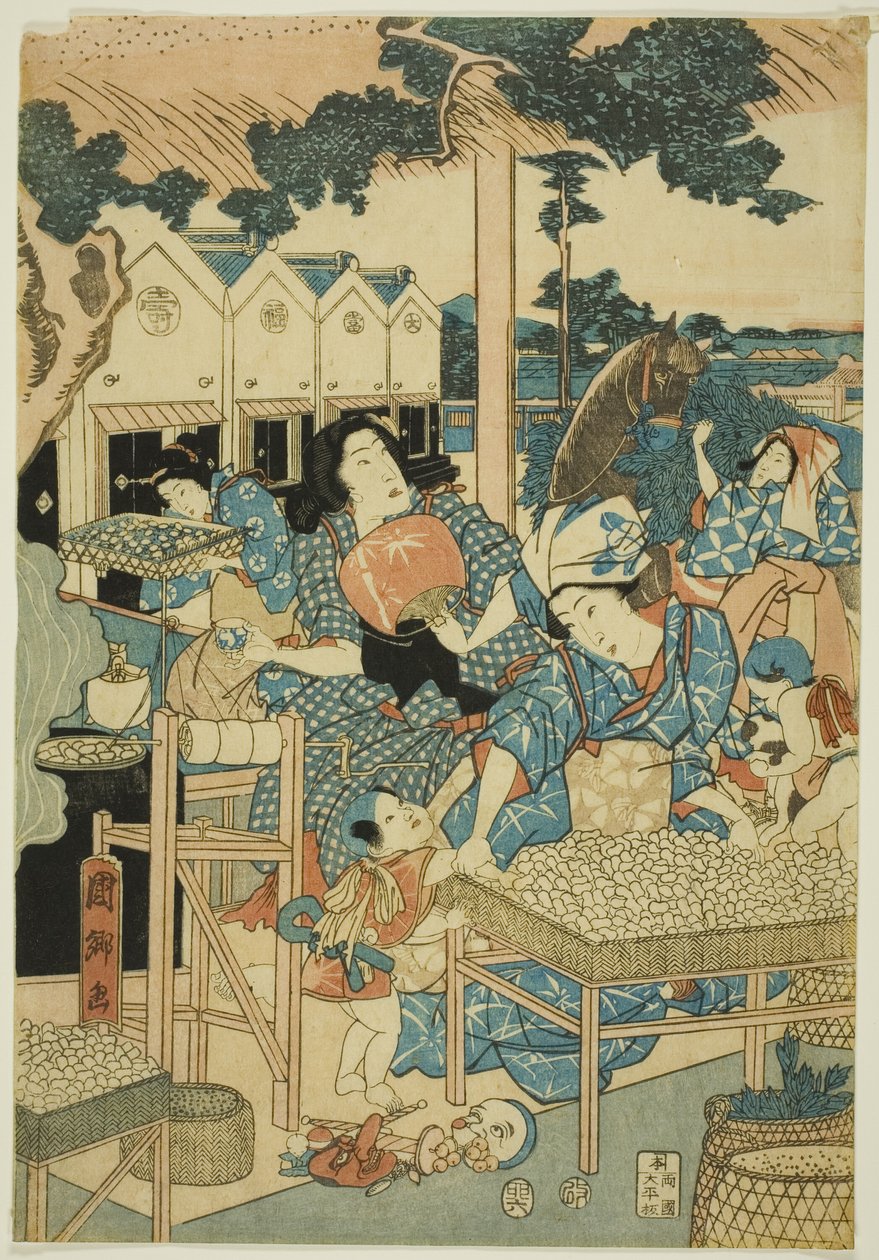 Nagy jólét a selyemfarmon (Kaikoya Daihanjono Zu) alkotó: Utagawa Kunisato