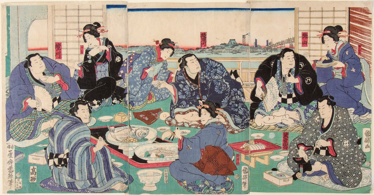 Sakaigawa Namiemon szumóbirkózó (balra) más birkózókkal és gésával egy ünnepi étkezésen. Nyomtatás: Kuniteru, Utagawa (1808-1876) alkotó: Utagawa Kuniteru