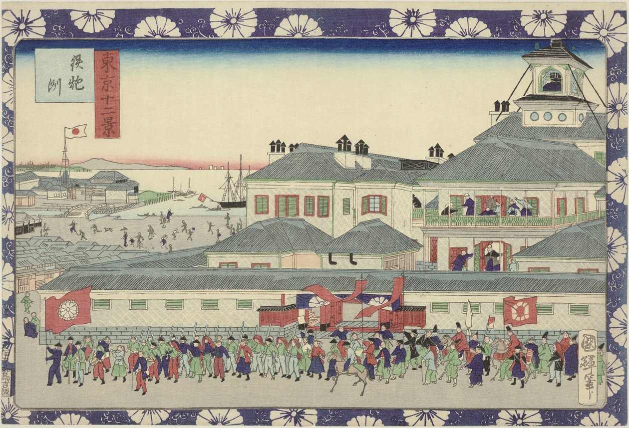 A Tsukiji szálloda bejárata Teppozu (cím az objektumon) Tokió tizenkét képe (sorozat címe) Tokyo Jun Kei (sorozat címe a tárgyon) alkotó: Utagawa Kuniteru II
