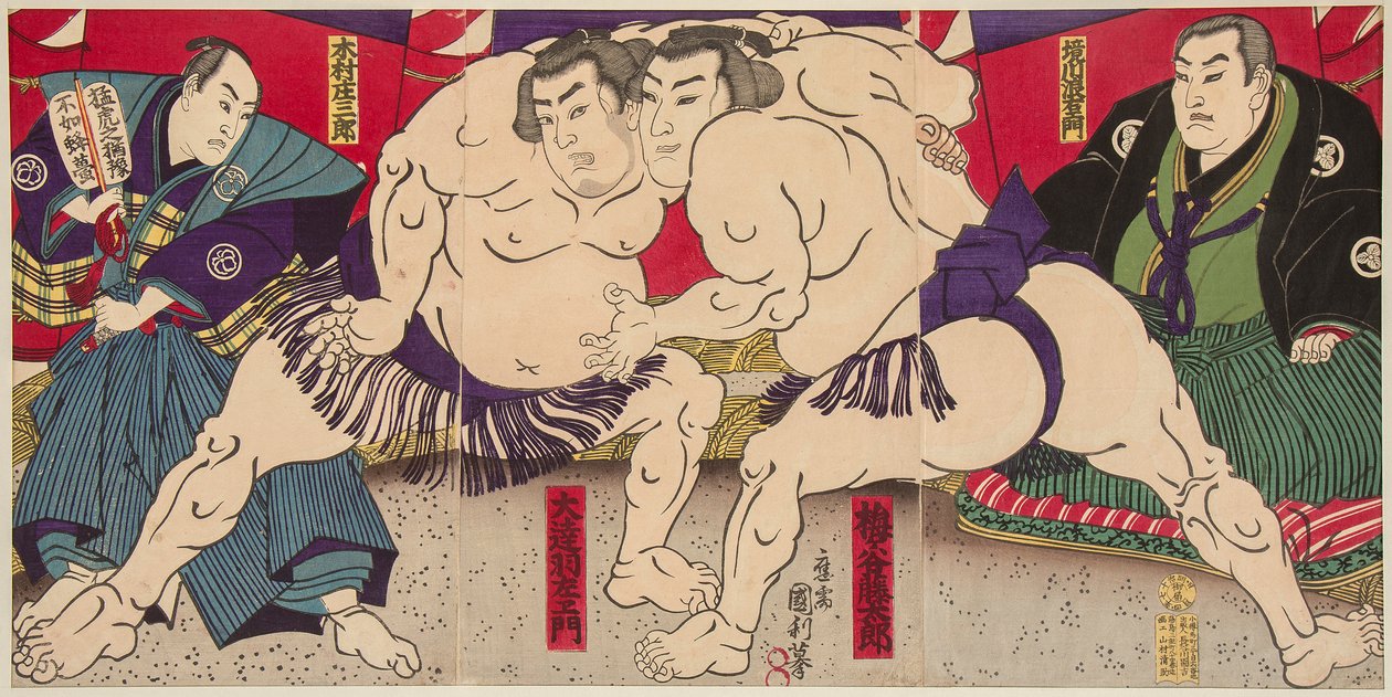 Combat des lutteurs de sumo Umegatani Rodachi és Kimura Shonosuke. 38x72,5 alkotó: Utagawa Kunitoshi