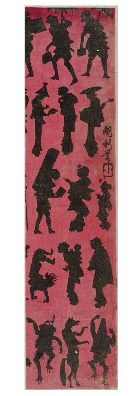 Különböző pózban lévő emberek sziluettjei rózsaszín alapon, 1880-1890 körül (fametszet, papír) alkotó: Utagawa Kunitoshi