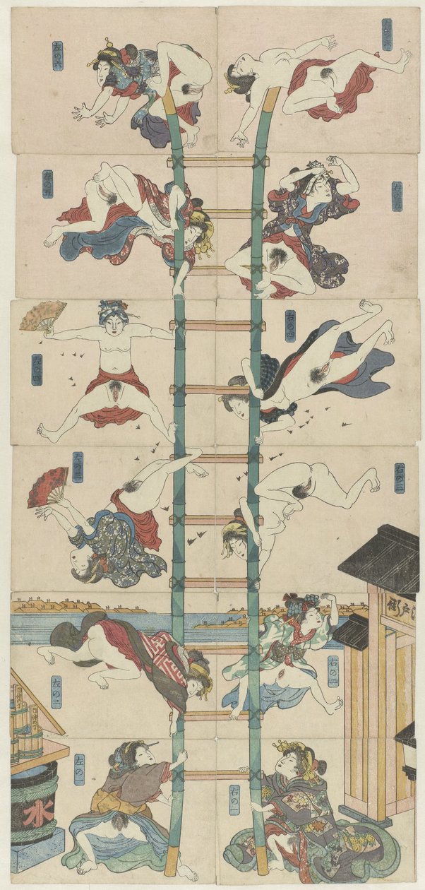Tizenkét koban Shunga sorozat prostituáltakkal akrobatikus tűzoltók szerepében alkotó: Utagawa Kuniyoshi (school of)