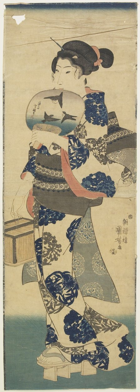 (Nő legyezővel és tücsökketreccsel), 1843-1847 alkotó: Utagawa Kuniyoshi