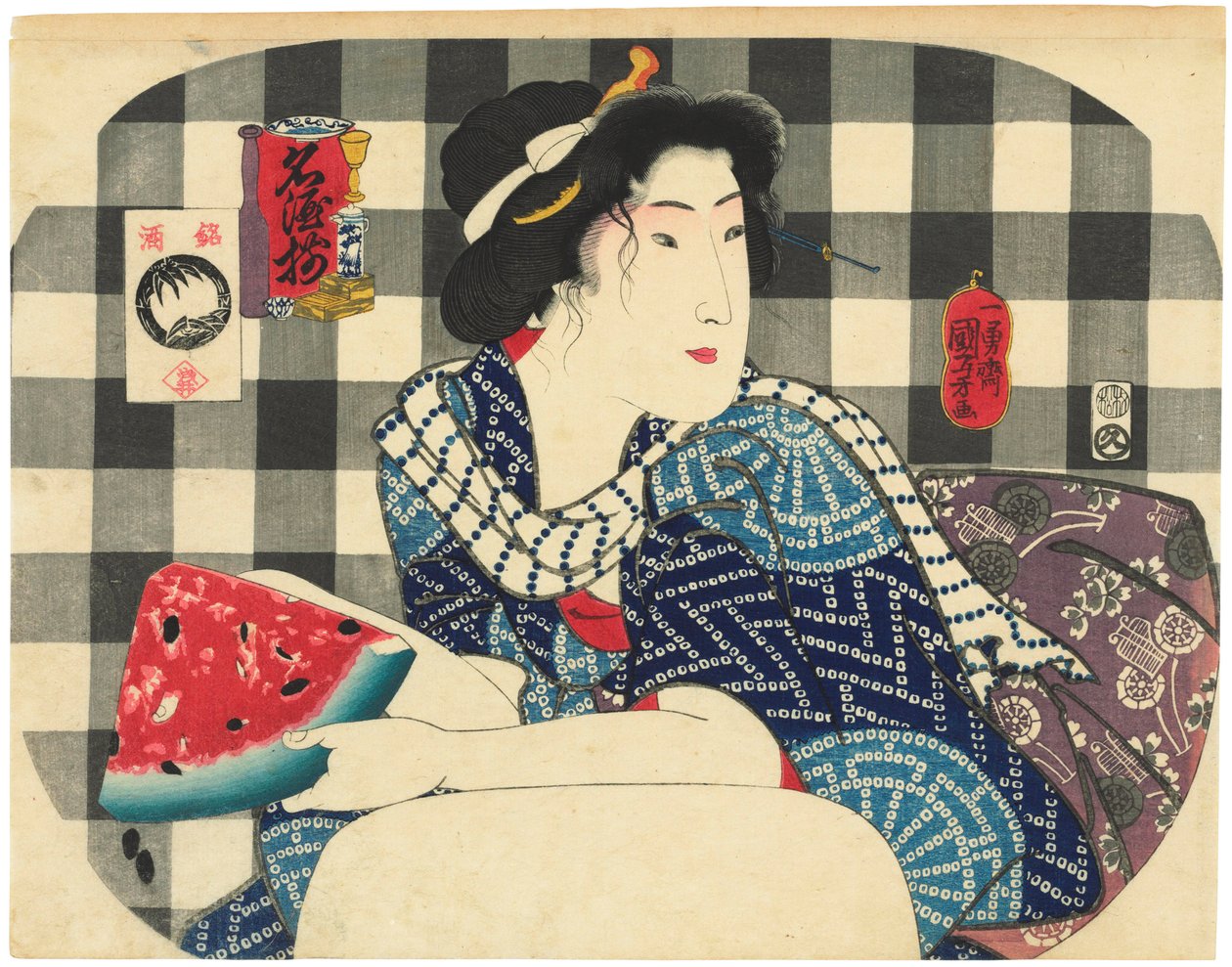 Egy nő a kezében egy szelet görögdinnyével, a Sake híres márkái (Meishu zoroi) sorozatból alkotó: Utagawa Kuniyoshi
