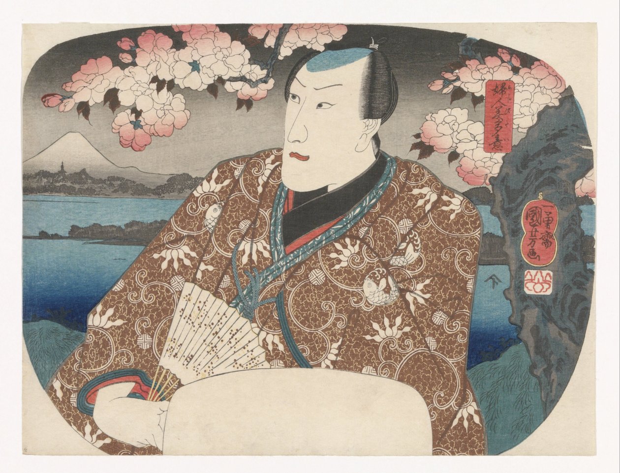 Színész legyezővel cseresznyevirág alatt alkotó: Utagawa Kuniyoshi